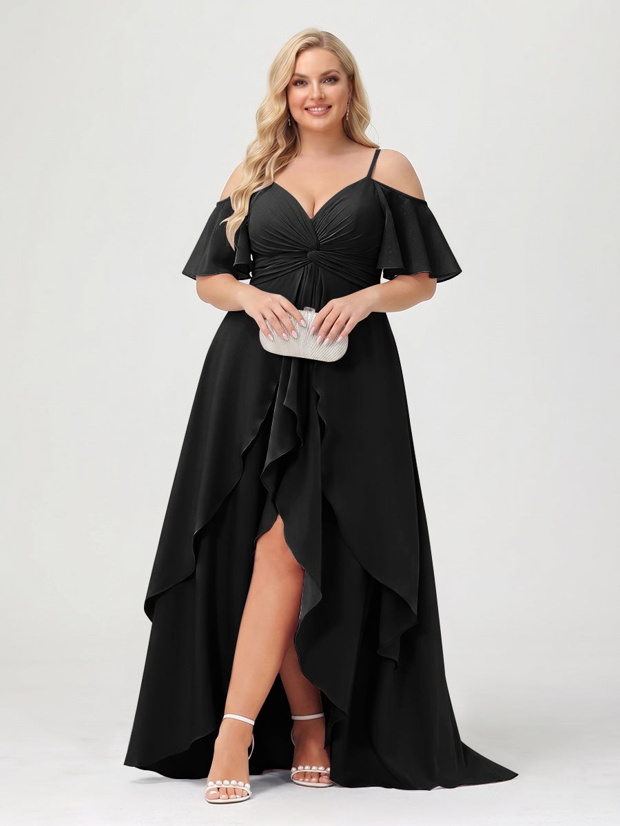 A-Line/Princess Spaghetti Straps Half Sleeves V-Neck Plus Size Bridesmaid Dresses With Ruffles Black