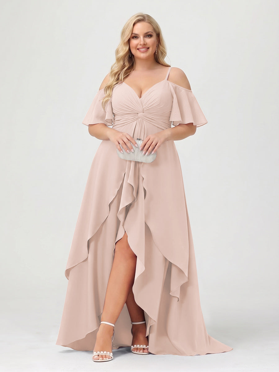 A-Line/Princess Spaghetti Straps Half Sleeves V-Neck Plus Size Bridesmaid Dresses With Ruffles Blush Pink