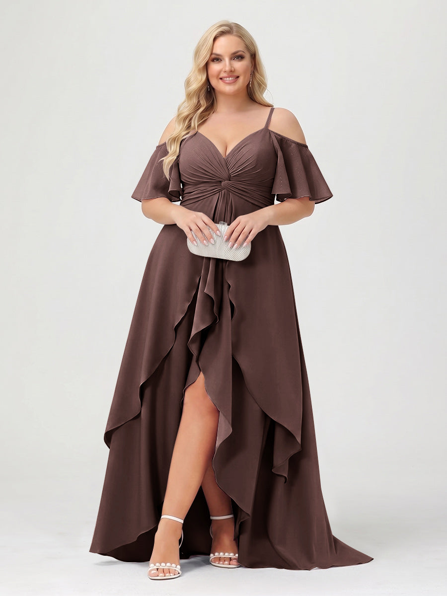 A-Line/Princess Spaghetti Straps Half Sleeves V-Neck Plus Size Bridesmaid Dresses With Ruffles Brown