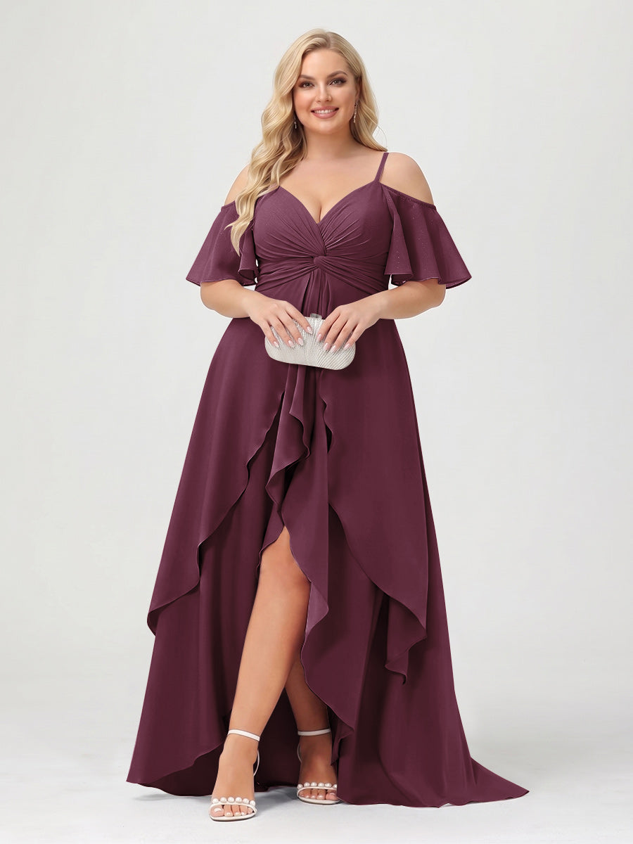 A-Line/Princess Spaghetti Straps Half Sleeves V-Neck Plus Size Bridesmaid Dresses With Ruffles Burgundy