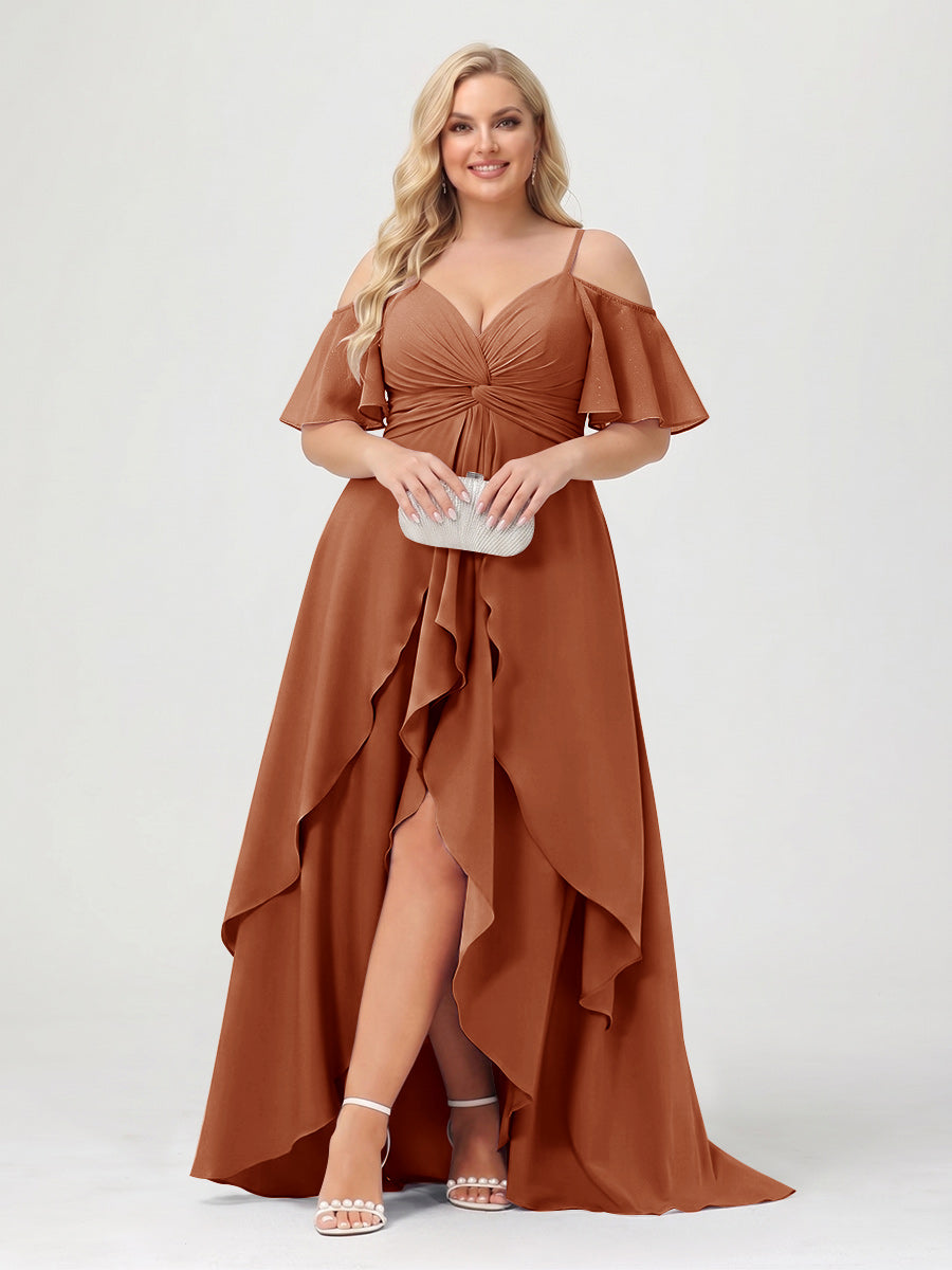 A-Line/Princess Spaghetti Straps Half Sleeves V-Neck Plus Size Bridesmaid Dresses With Ruffles Burnt Orange