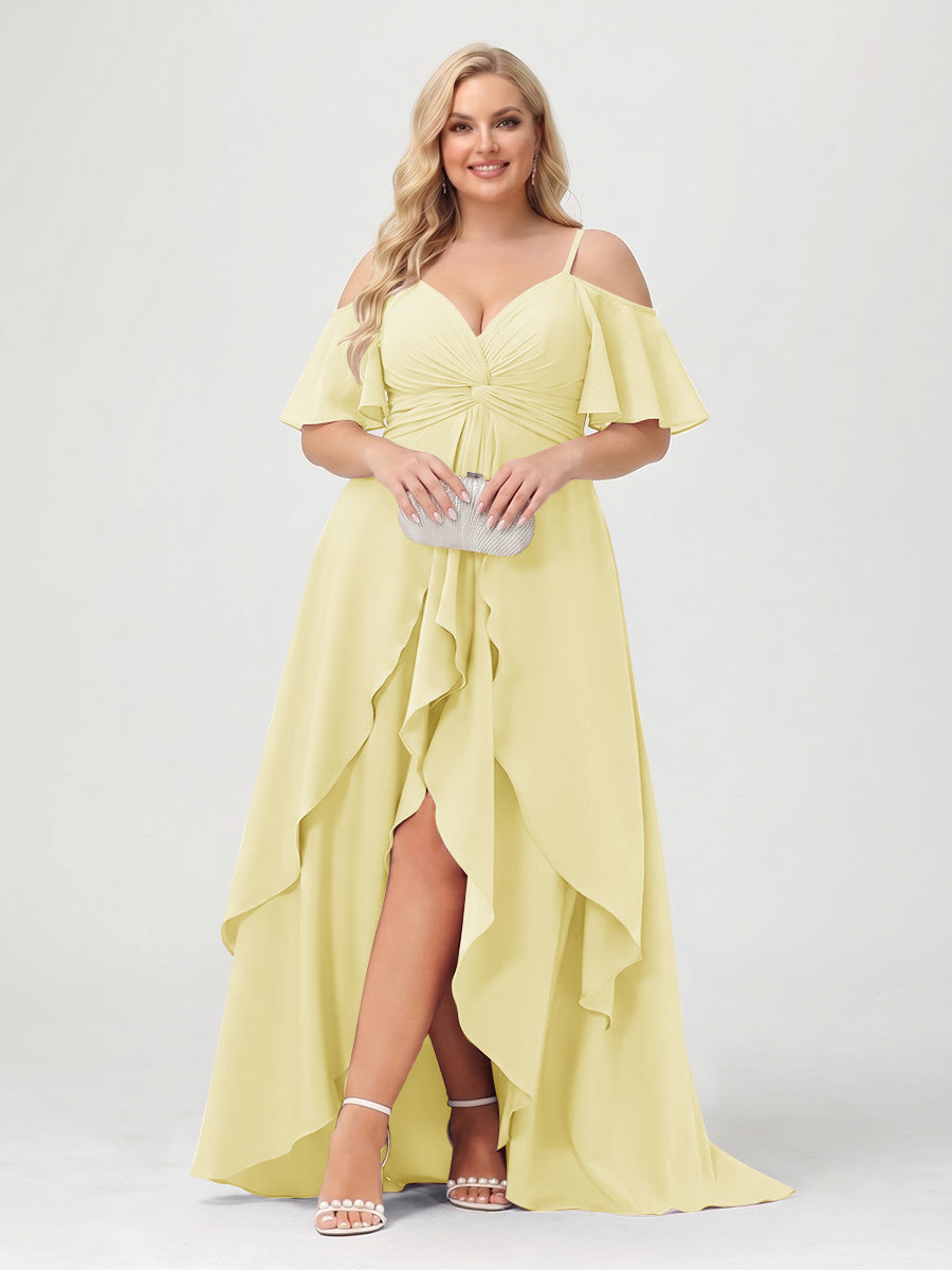 A-Line/Princess Spaghetti Straps Half Sleeves V-Neck Plus Size Bridesmaid Dresses With Ruffles Canary