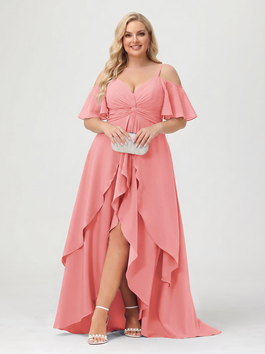A-Line/Princess Spaghetti Straps Half Sleeves V-Neck Plus Size Bridesmaid Dresses With Ruffles Coral