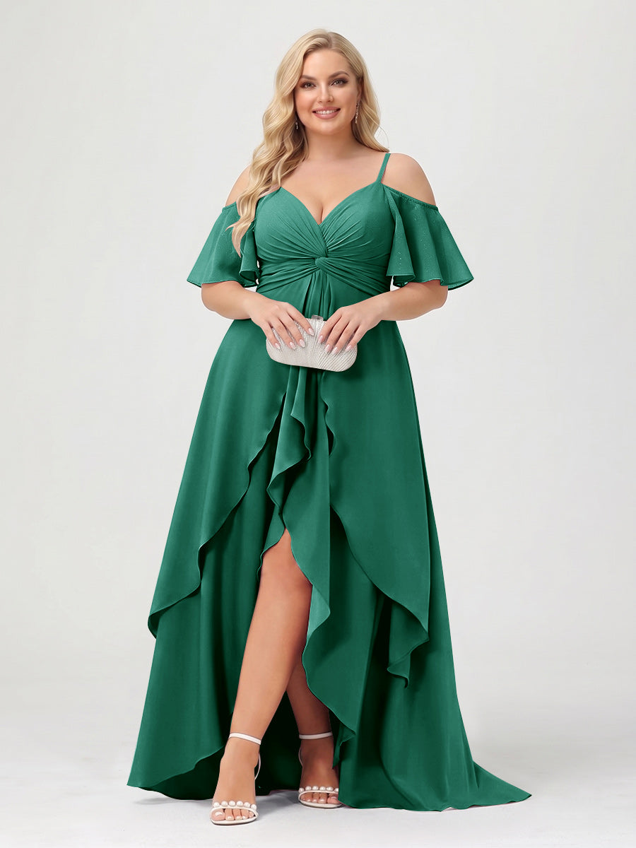 A-Line/Princess Spaghetti Straps Half Sleeves V-Neck Plus Size Bridesmaid Dresses With Ruffles Dark Green