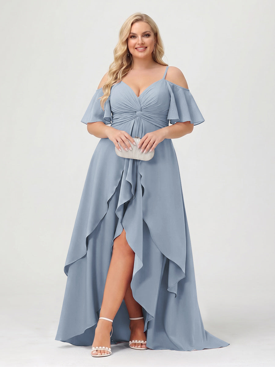 A-Line/Princess Spaghetti Straps Half Sleeves V-Neck Plus Size Bridesmaid Dresses With Ruffles Dusty Blue