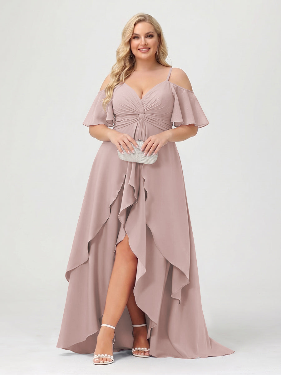 A-Line/Princess Spaghetti Straps Half Sleeves V-Neck Plus Size Bridesmaid Dresses With Ruffles Dusty Pink
