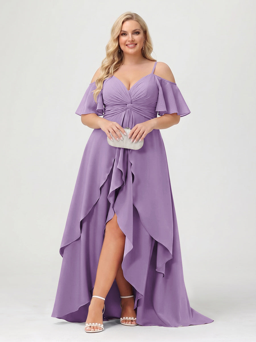A-Line/Princess Spaghetti Straps Half Sleeves V-Neck Plus Size Bridesmaid Dresses With Ruffles Dusty Purple