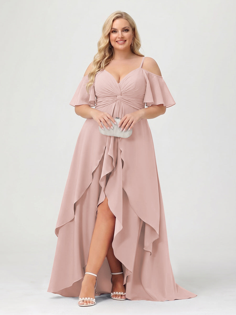 A-Line/Princess Spaghetti Straps Half Sleeves V-Neck Plus Size Bridesmaid Dresses With Ruffles Dusty Rose