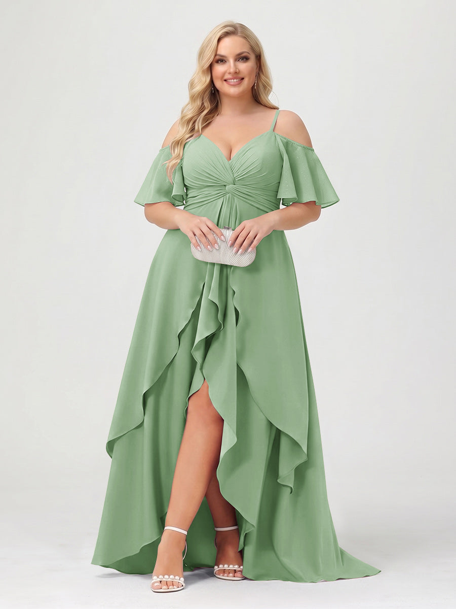 A-Line/Princess Spaghetti Straps Half Sleeves V-Neck Plus Size Bridesmaid Dresses With Ruffles Dusty Sage