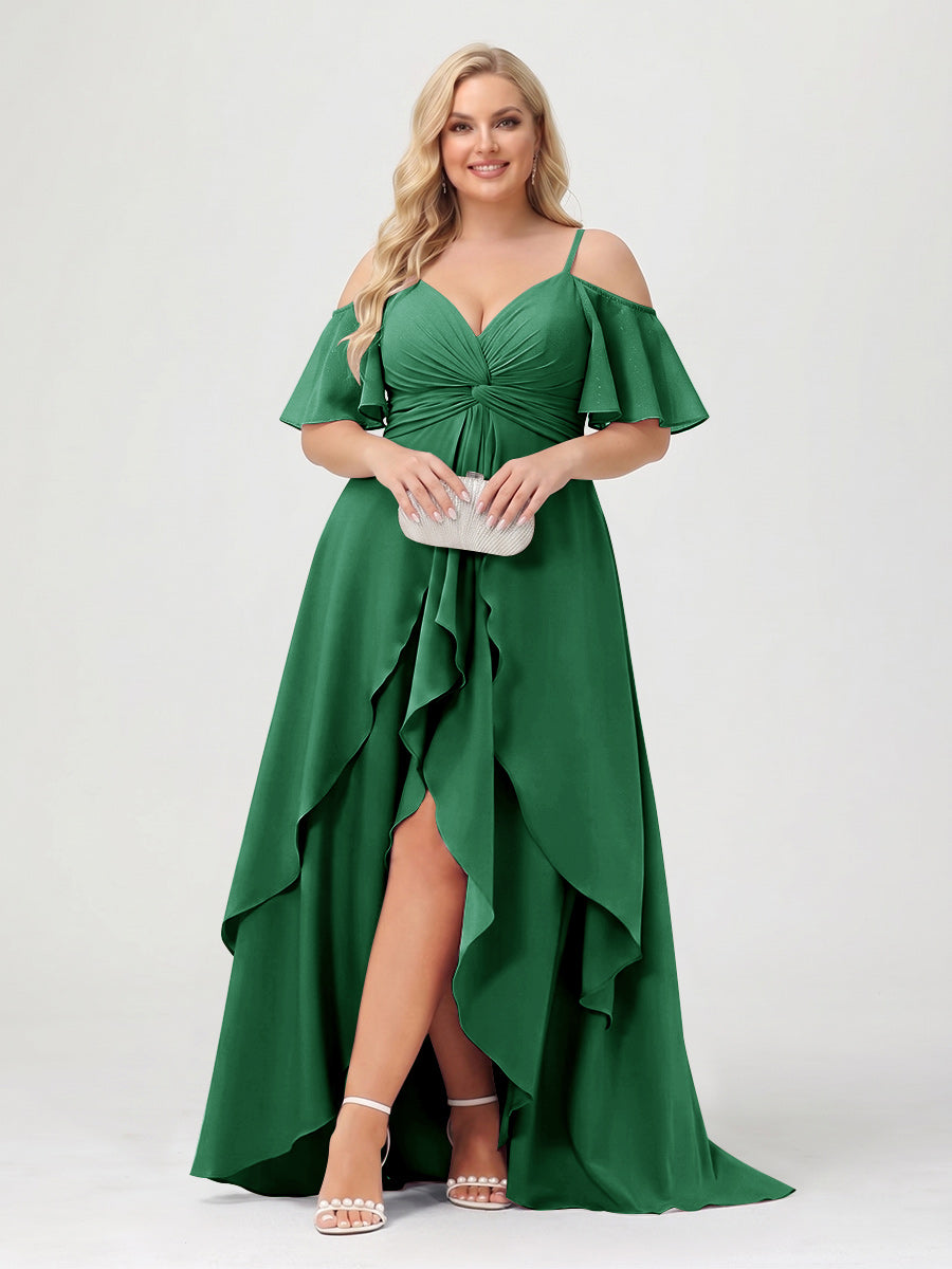 A-Line/Princess Spaghetti Straps Half Sleeves V-Neck Plus Size Bridesmaid Dresses With Ruffles Emerald