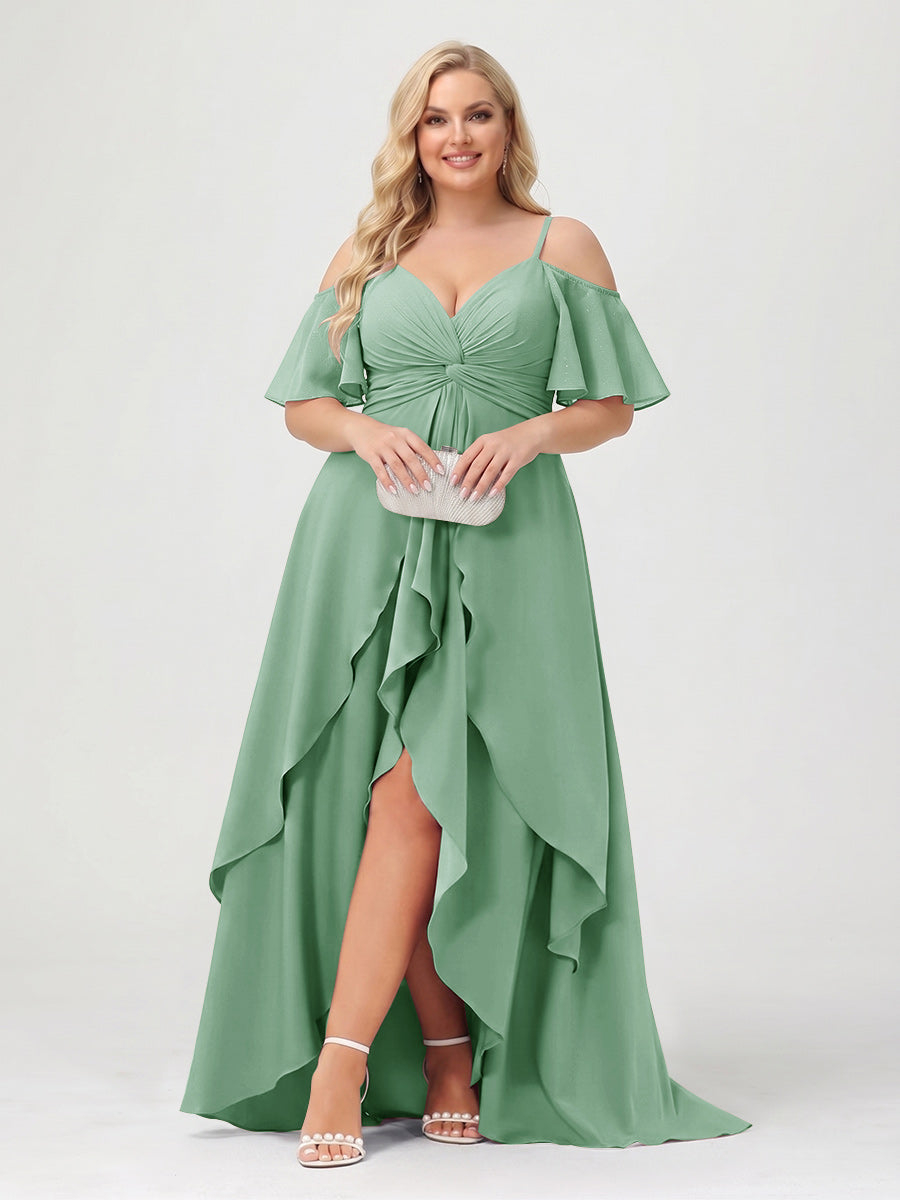 A-Line/Princess Spaghetti Straps Half Sleeves V-Neck Plus Size Bridesmaid Dresses With Ruffles Eucalyptus
