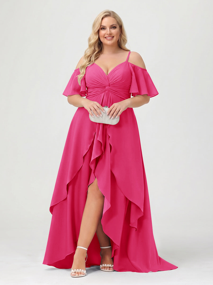 A-Line/Princess Spaghetti Straps Half Sleeves V-Neck Plus Size Bridesmaid Dresses With Ruffles Fuchsia Pink