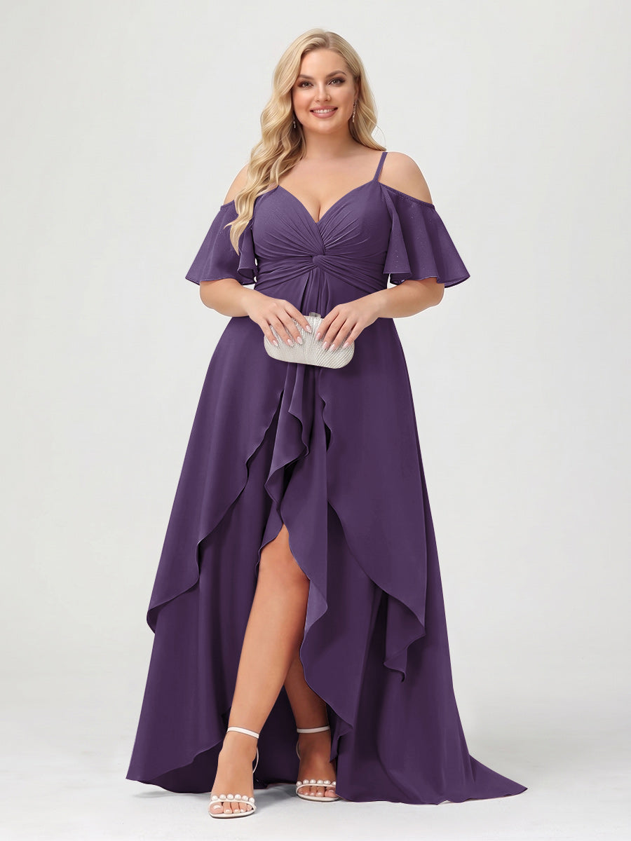 A-Line/Princess Spaghetti Straps Half Sleeves V-Neck Plus Size Bridesmaid Dresses With Ruffles Grape