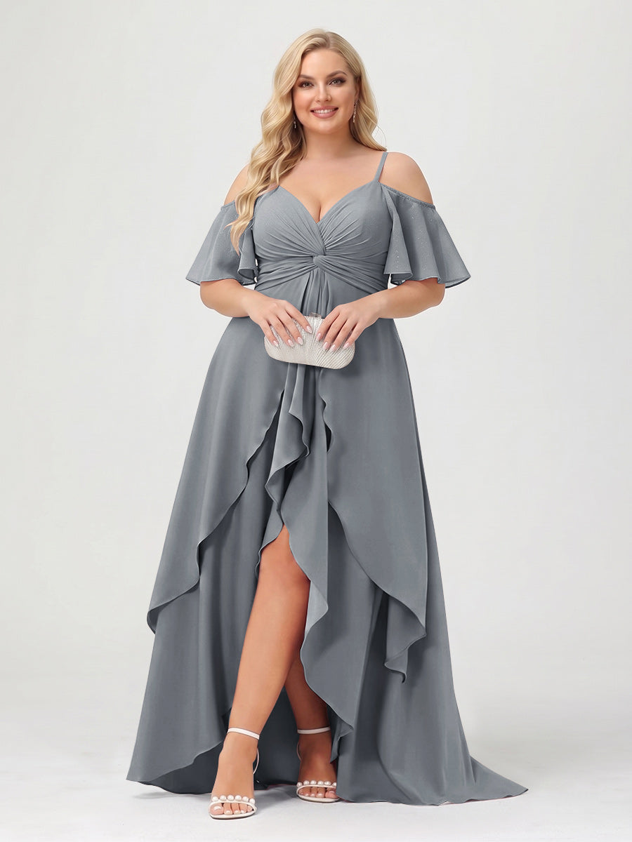 A-Line/Princess Spaghetti Straps Half Sleeves V-Neck Plus Size Bridesmaid Dresses With Ruffles Gray