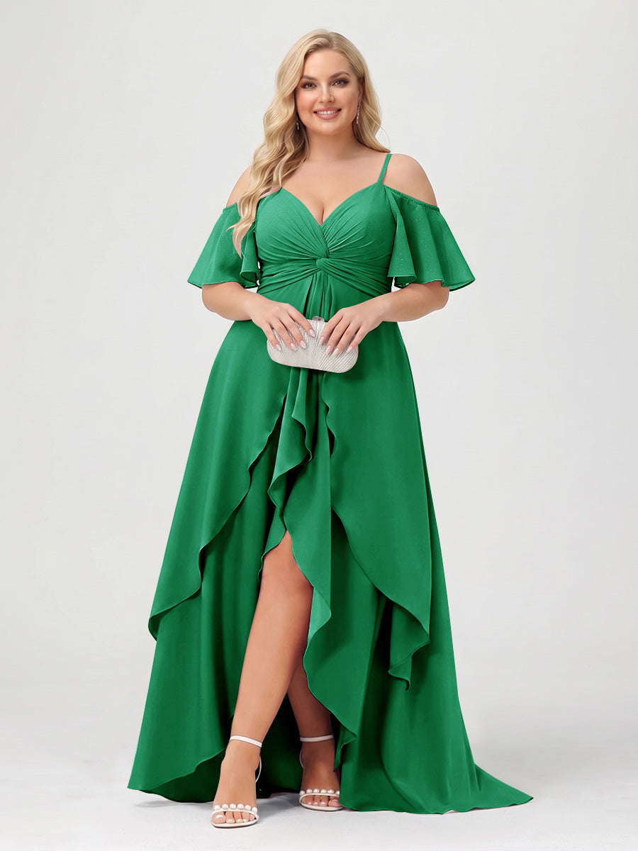 A-Line/Princess Spaghetti Straps Half Sleeves V-Neck Plus Size Bridesmaid Dresses With Ruffles Green