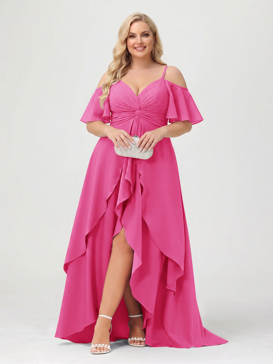 A-Line/Princess Spaghetti Straps Half Sleeves V-Neck Plus Size Bridesmaid Dresses With Ruffles Hot Pink