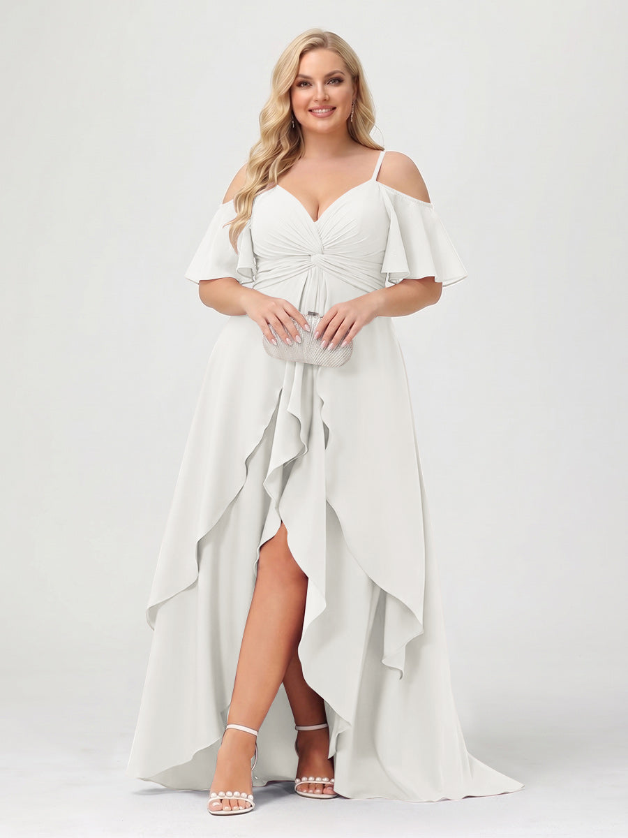 A-Line/Princess Spaghetti Straps Half Sleeves V-Neck Plus Size Bridesmaid Dresses With Ruffles Ivory