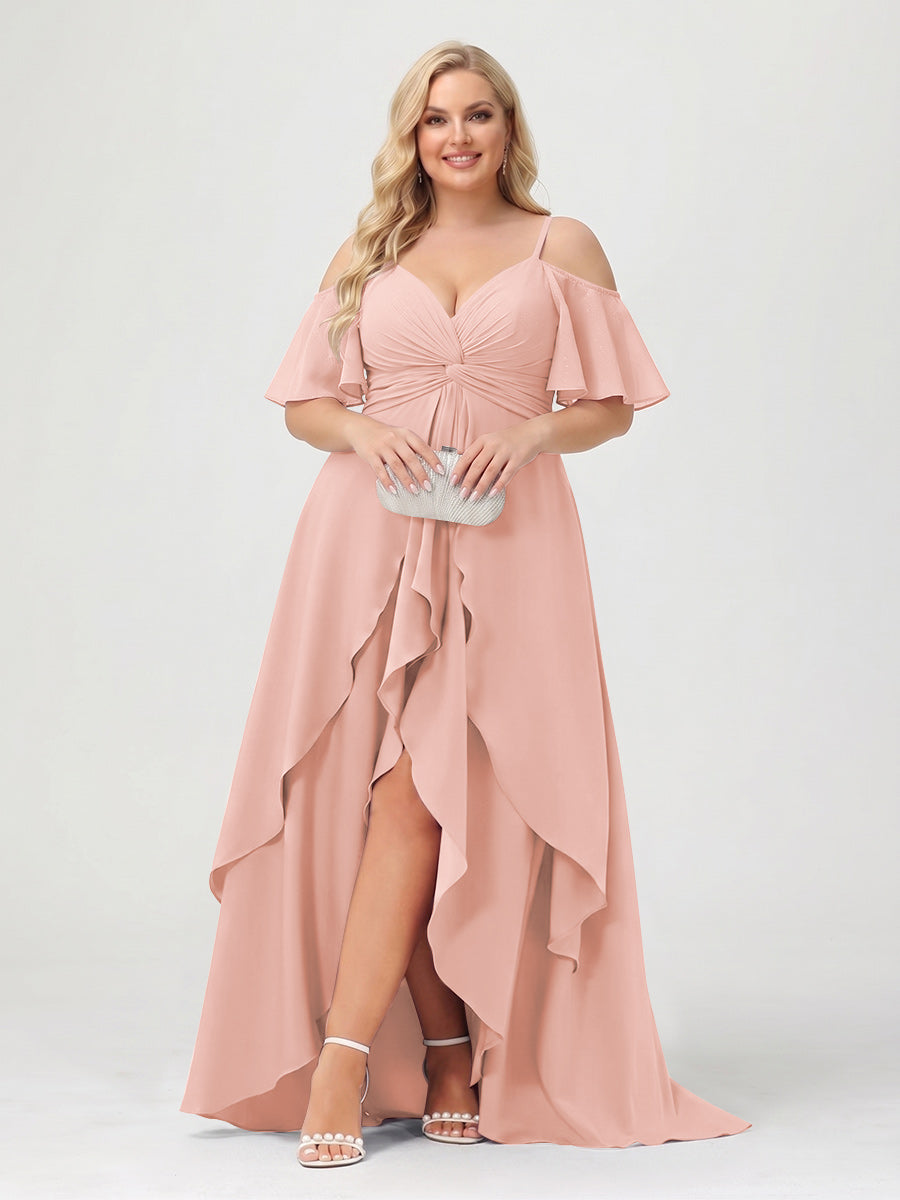 A-Line/Princess Spaghetti Straps Half Sleeves V-Neck Plus Size Bridesmaid Dresses With Ruffles Lavender