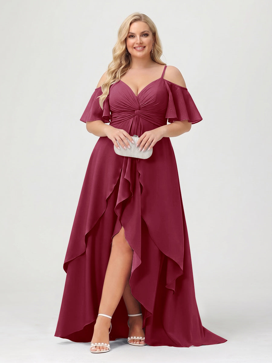 A-Line/Princess Spaghetti Straps Half Sleeves V-Neck Plus Size Bridesmaid Dresses With Ruffles Light Burgundy
