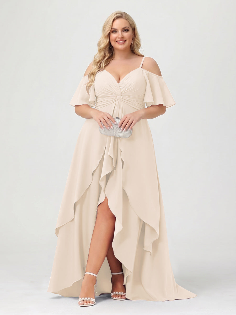 A-Line/Princess Spaghetti Straps Half Sleeves V-Neck Plus Size Bridesmaid Dresses With Ruffles Light Champagne