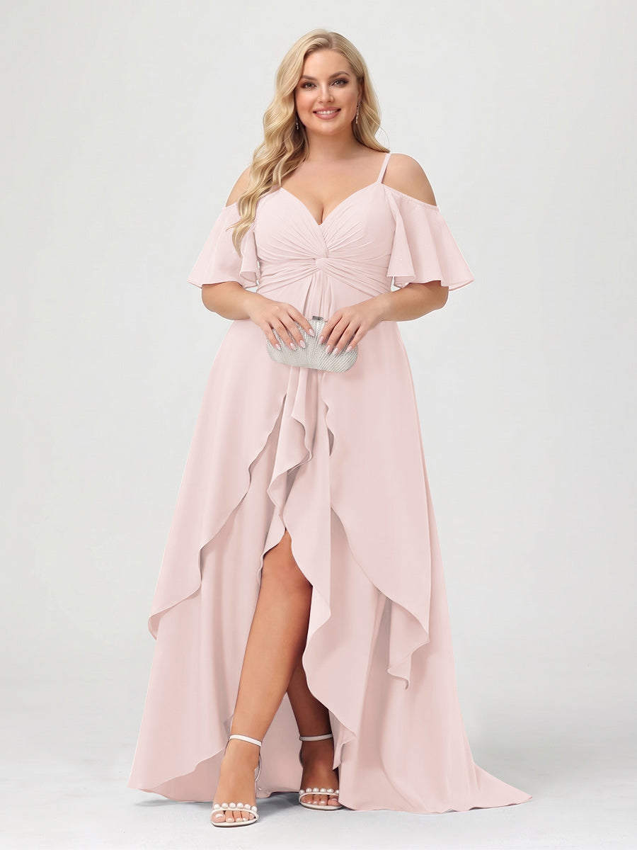 A-Line/Princess Spaghetti Straps Half Sleeves V-Neck Plus Size Bridesmaid Dresses With Ruffles Light Pink