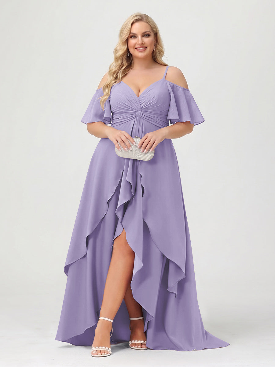 A-Line/Princess Spaghetti Straps Half Sleeves V-Neck Plus Size Bridesmaid Dresses With Ruffles Light Purple