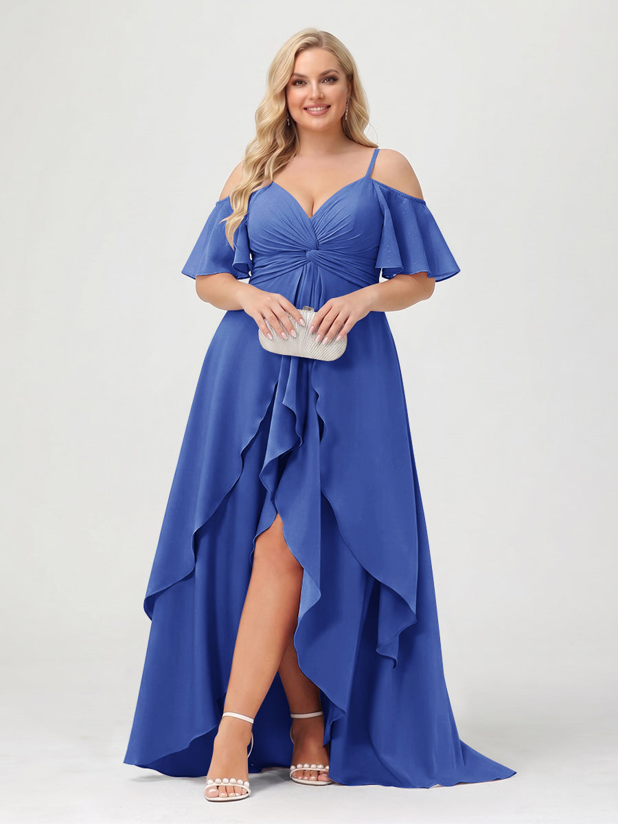 A-Line/Princess Spaghetti Straps Half Sleeves V-Neck Plus Size Bridesmaid Dresses With Ruffles Light Royal Blue