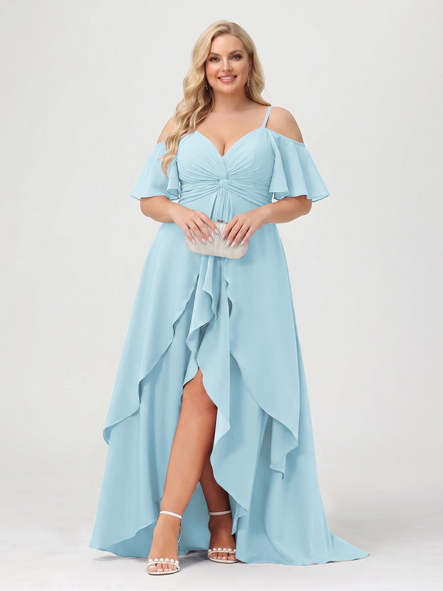 A-Line/Princess Spaghetti Straps Half Sleeves V-Neck Plus Size Bridesmaid Dresses With Ruffles Light Sky Blue