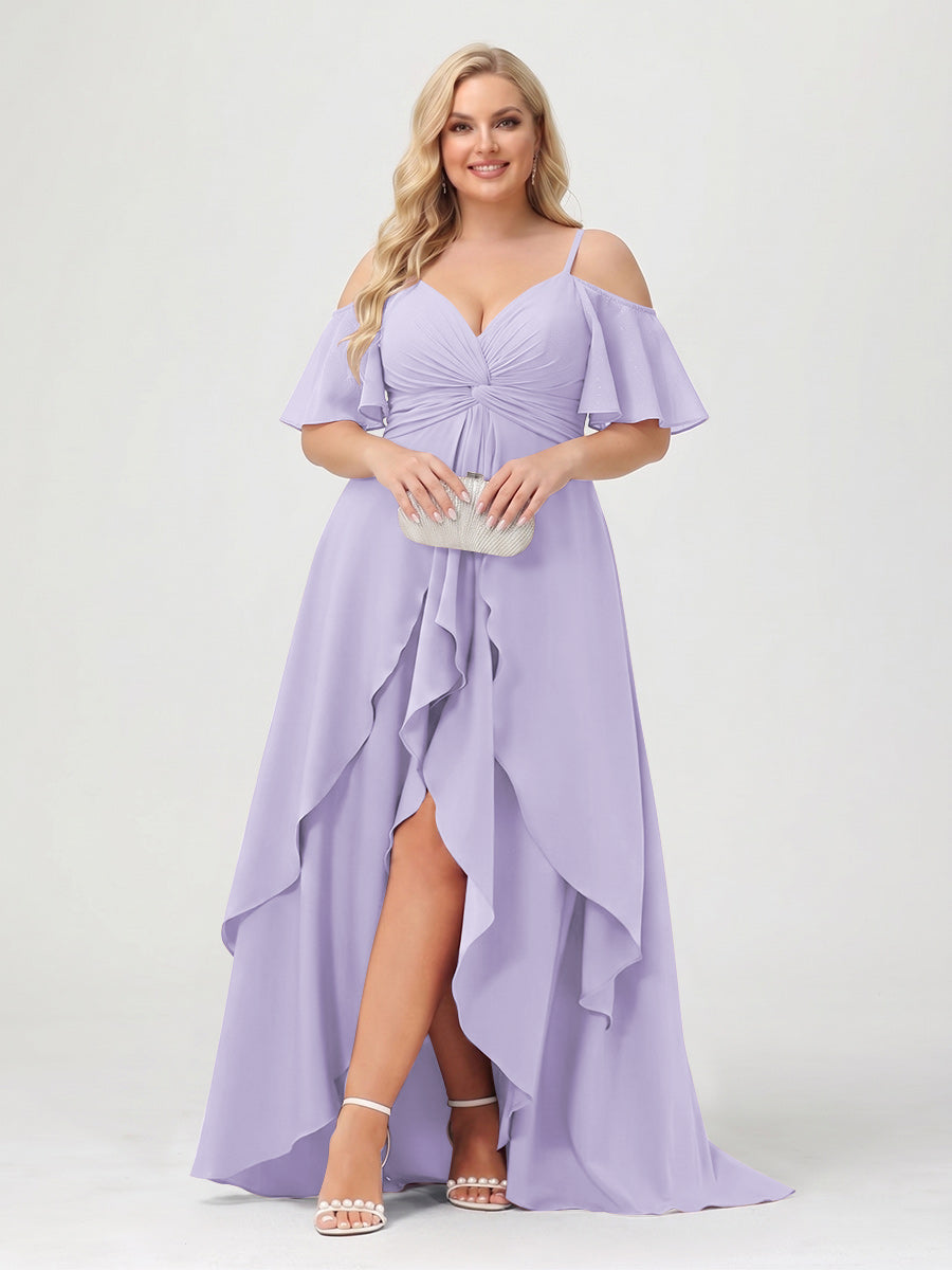 A-Line/Princess Spaghetti Straps Half Sleeves V-Neck Plus Size Bridesmaid Dresses With Ruffles Lilac