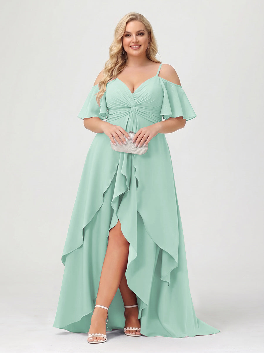 A-Line/Princess Spaghetti Straps Half Sleeves V-Neck Plus Size Bridesmaid Dresses With Ruffles Mint Green