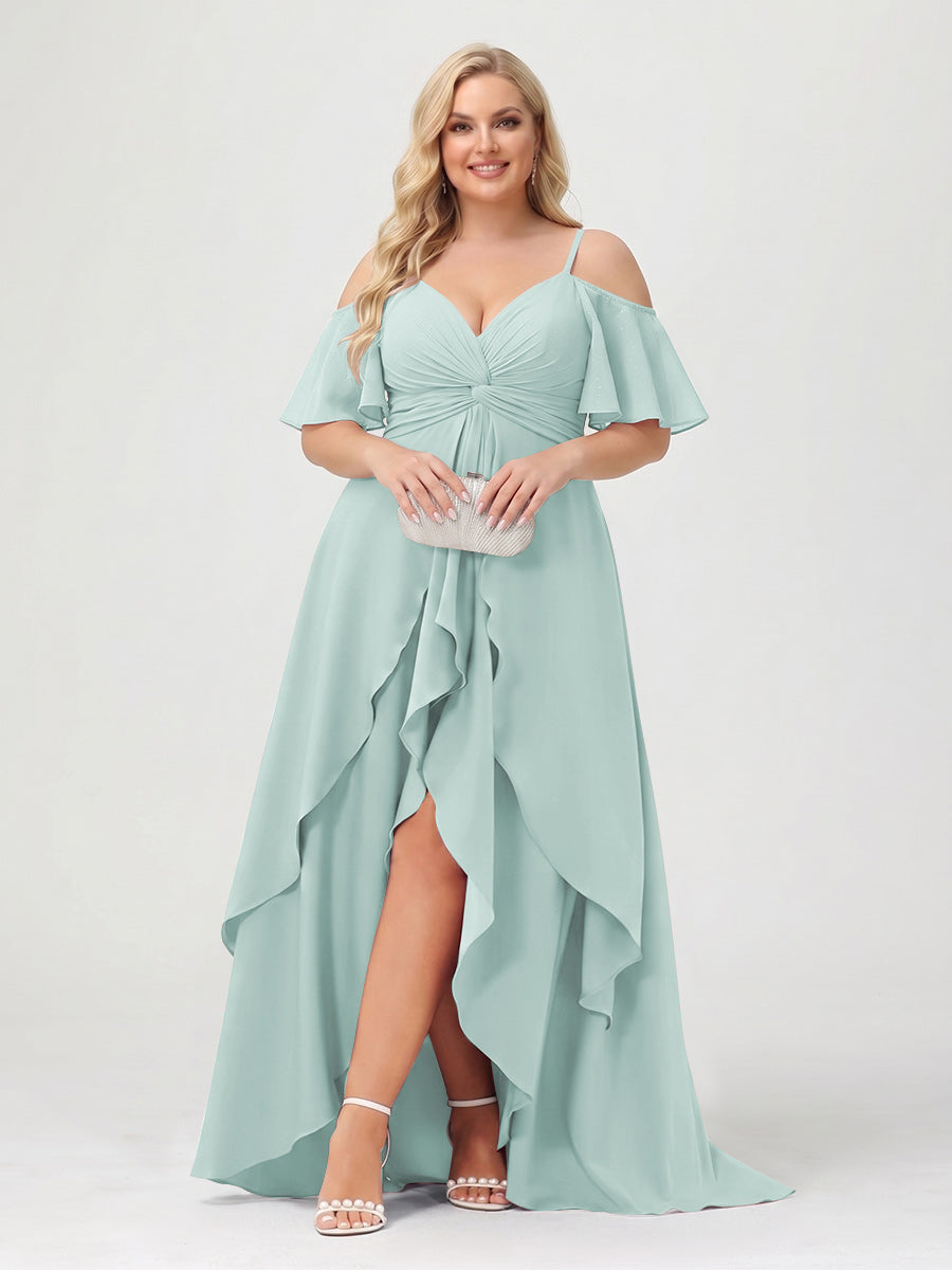 A-Line/Princess Spaghetti Straps Half Sleeves V-Neck Plus Size Bridesmaid Dresses With Ruffles Mist Blue