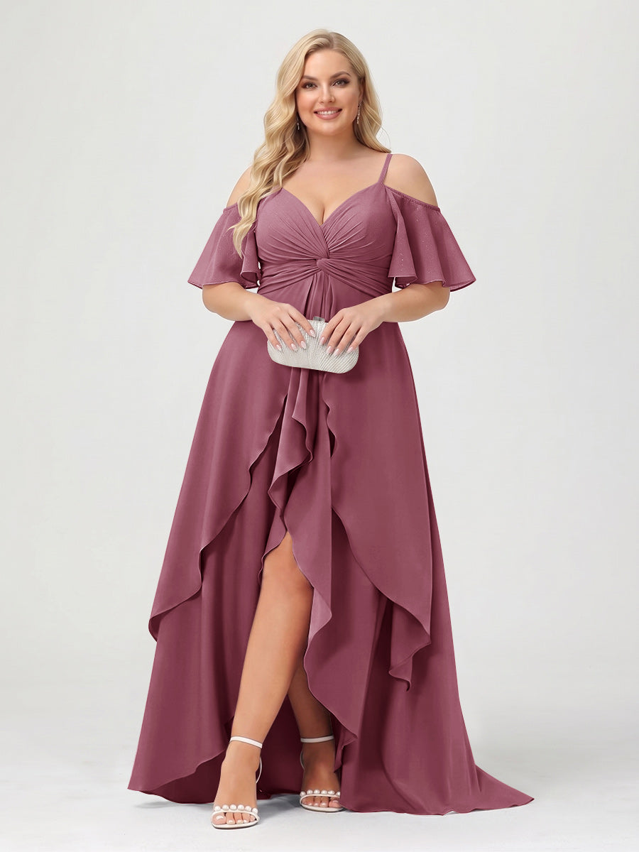 A-Line/Princess Spaghetti Straps Half Sleeves V-Neck Plus Size Bridesmaid Dresses With Ruffles Mulberry
