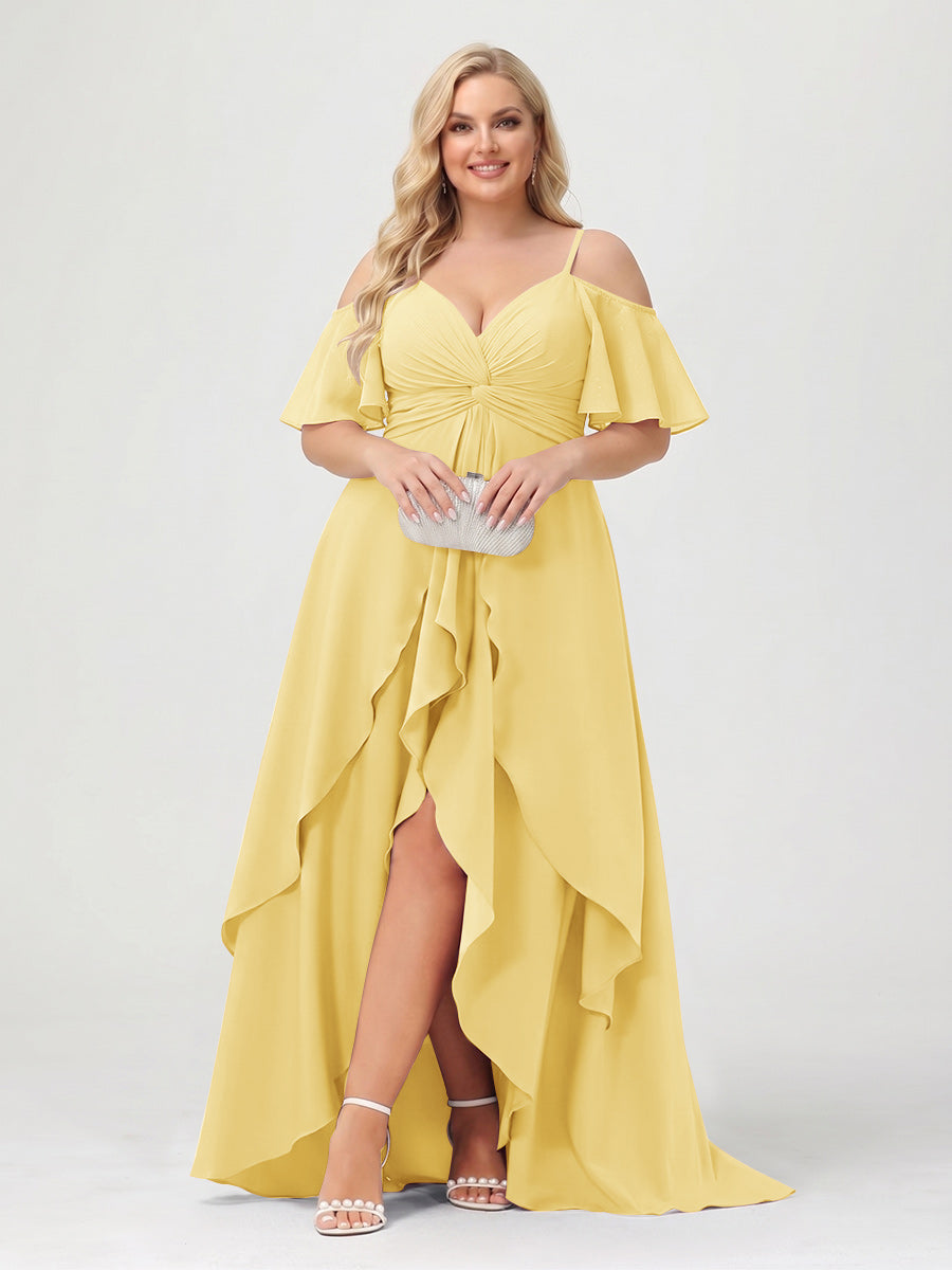 A-Line/Princess Spaghetti Straps Half Sleeves V-Neck Plus Size Bridesmaid Dresses With Ruffles Mustard Yellow