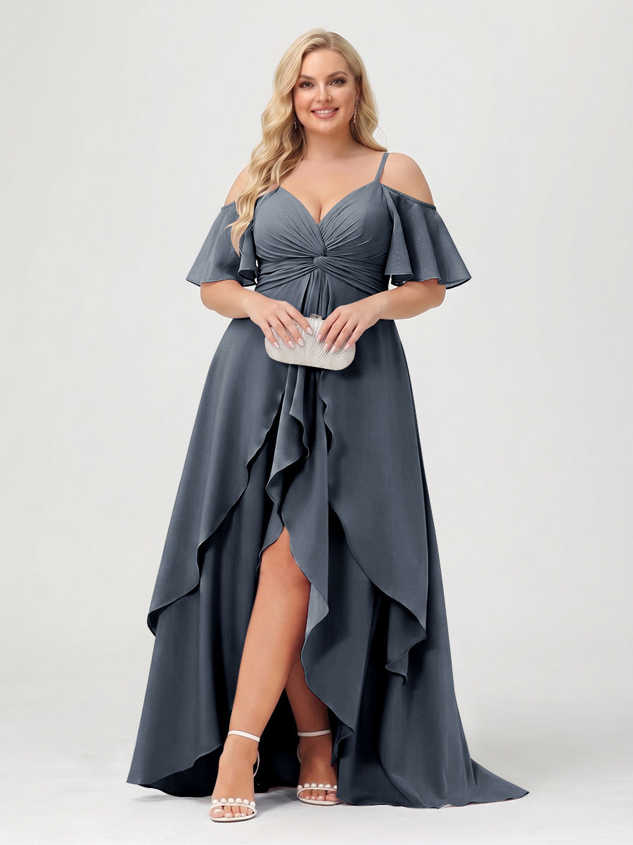 A-Line/Princess Spaghetti Straps Half Sleeves V-Neck Plus Size Bridesmaid Dresses With Ruffles Navy Blue