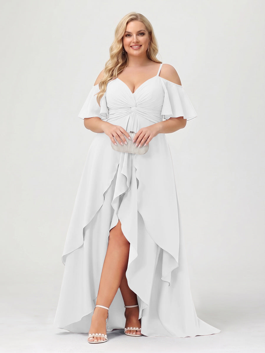 A-Line/Princess Spaghetti Straps Half Sleeves V-Neck Plus Size Bridesmaid Dresses With Ruffles Off White