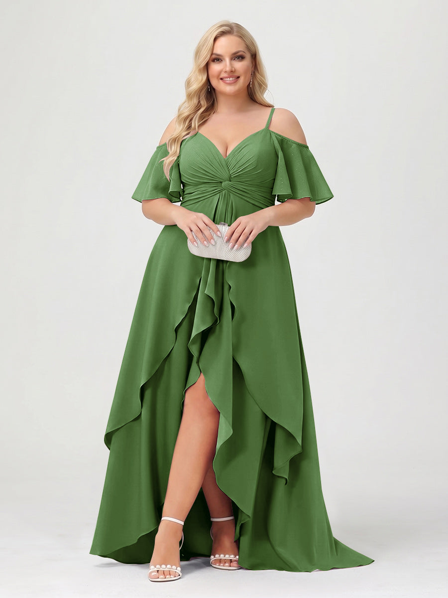 A-Line/Princess Spaghetti Straps Half Sleeves V-Neck Plus Size Bridesmaid Dresses With Ruffles Olive Green