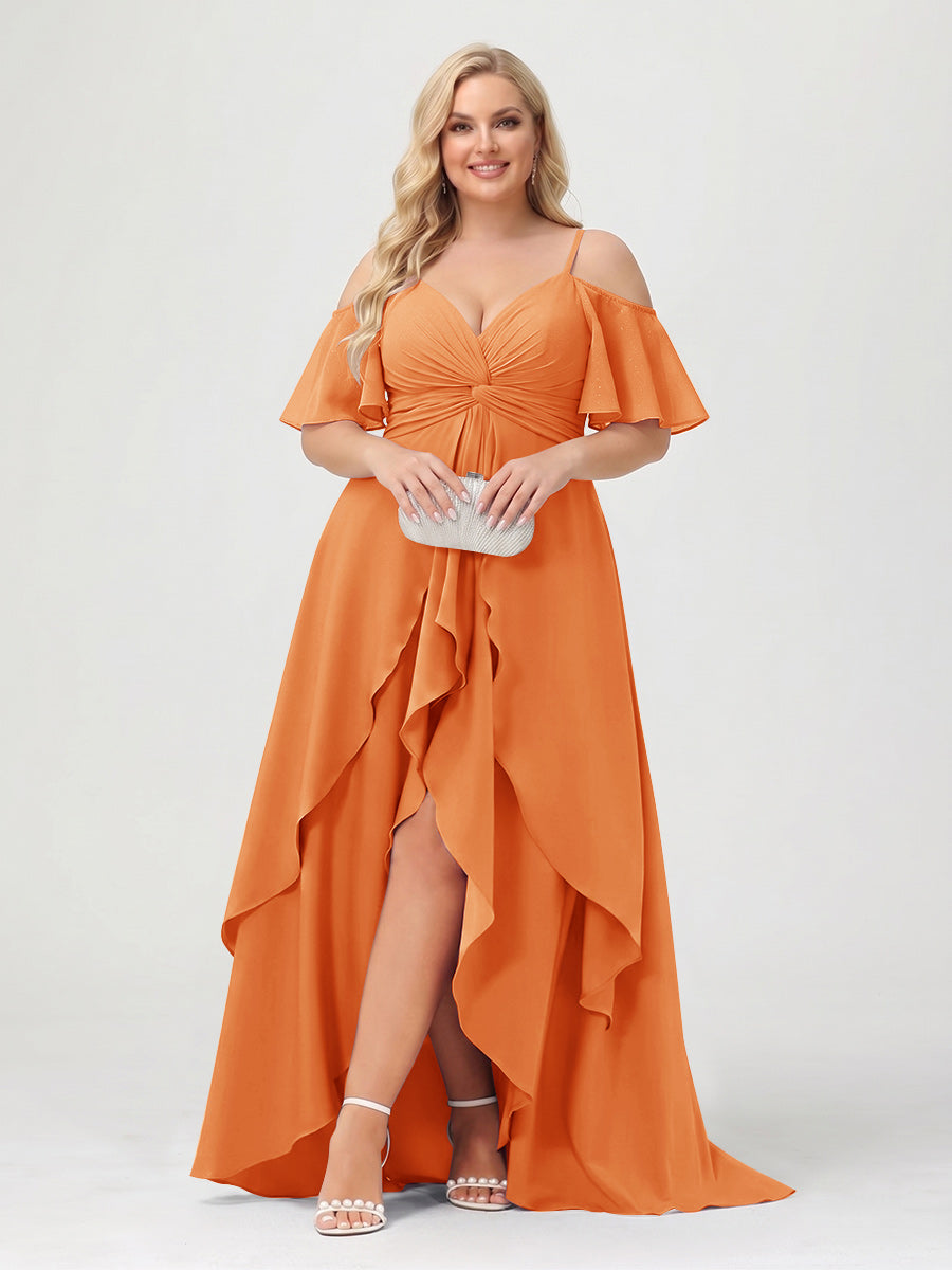 A-Line/Princess Spaghetti Straps Half Sleeves V-Neck Plus Size Bridesmaid Dresses With Ruffles Orange