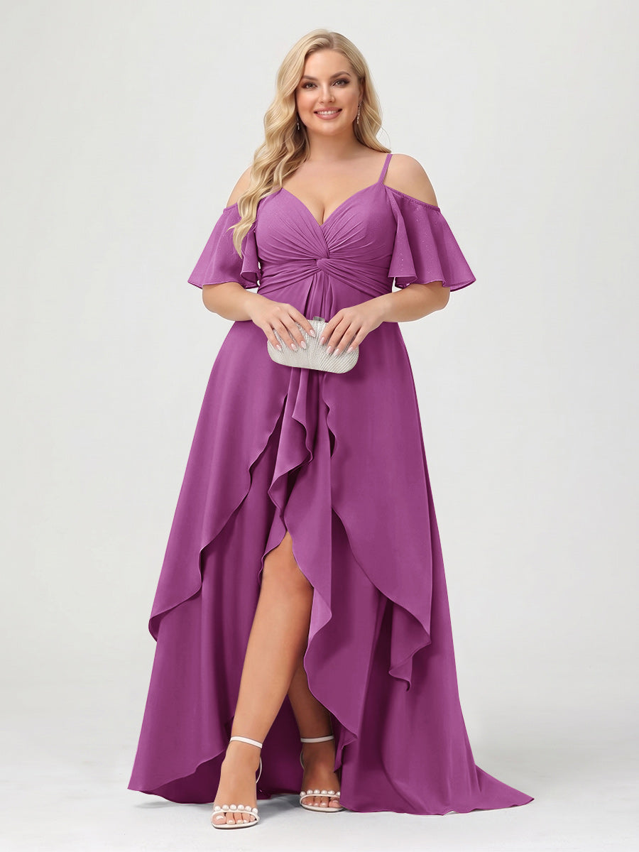 A-Line/Princess Spaghetti Straps Half Sleeves V-Neck Plus Size Bridesmaid Dresses With Ruffles Orchid
