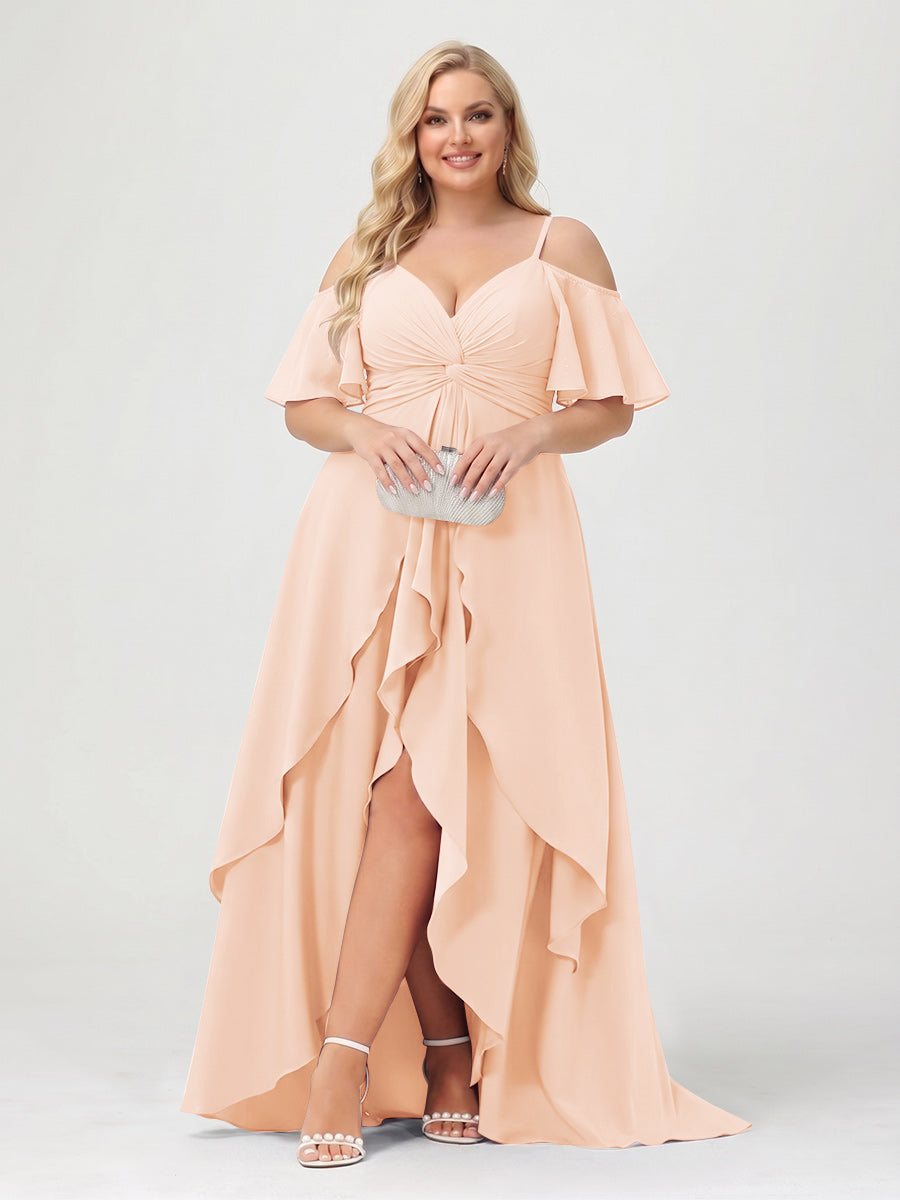 A-Line/Princess Spaghetti Straps Half Sleeves V-Neck Plus Size Bridesmaid Dresses With Ruffles Peach Pink