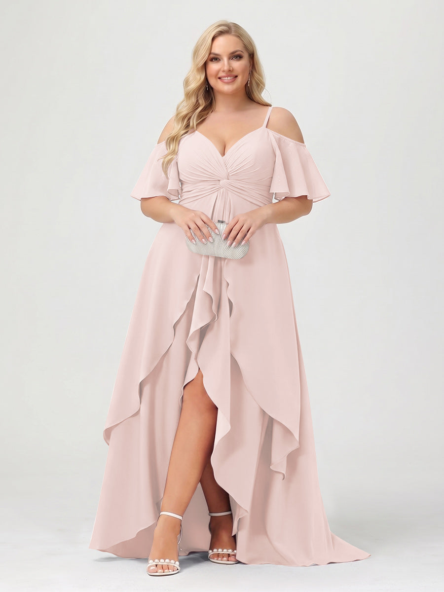 A-Line/Princess Spaghetti Straps Half Sleeves V-Neck Plus Size Bridesmaid Dresses With Ruffles Pearl Pink