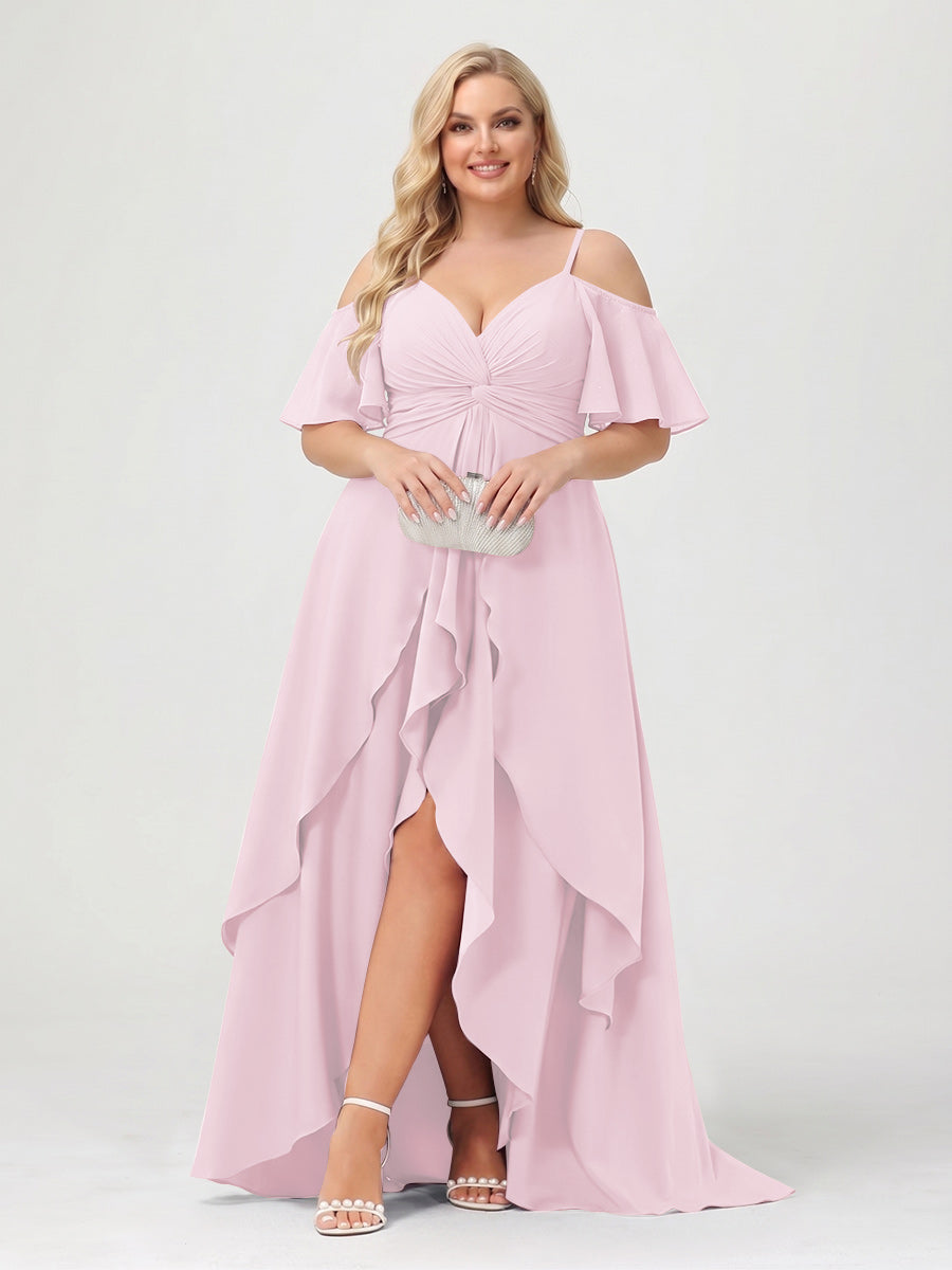 A-Line/Princess Spaghetti Straps Half Sleeves V-Neck Plus Size Bridesmaid Dresses With Ruffles Pink