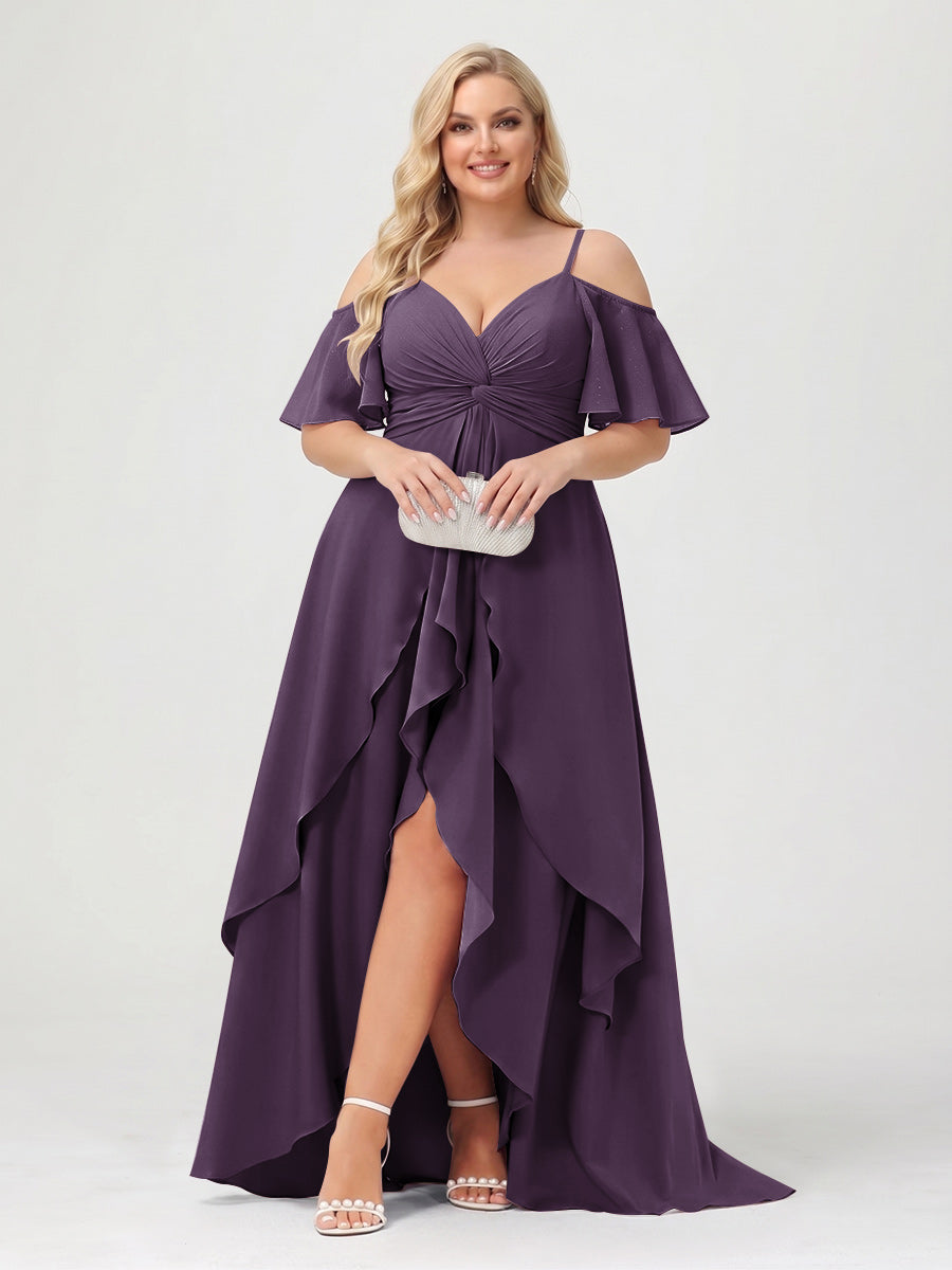 A-Line/Princess Spaghetti Straps Half Sleeves V-Neck Plus Size Bridesmaid Dresses With Ruffles Plum