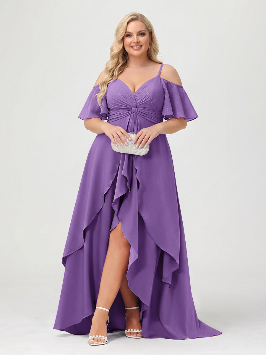 A-Line/Princess Spaghetti Straps Half Sleeves V-Neck Plus Size Bridesmaid Dresses With Ruffles Purple