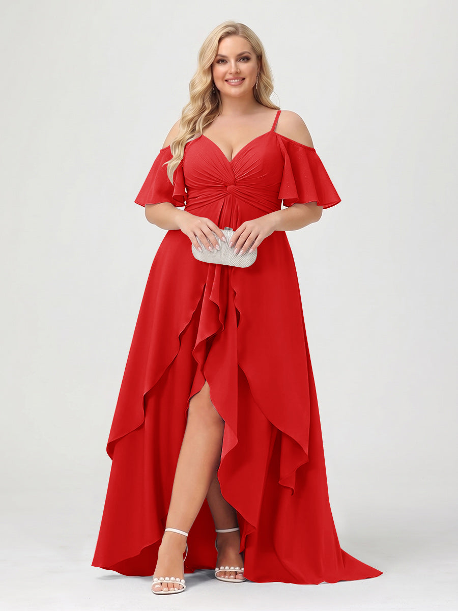 A-Line/Princess Spaghetti Straps Half Sleeves V-Neck Plus Size Bridesmaid Dresses With Ruffles Red