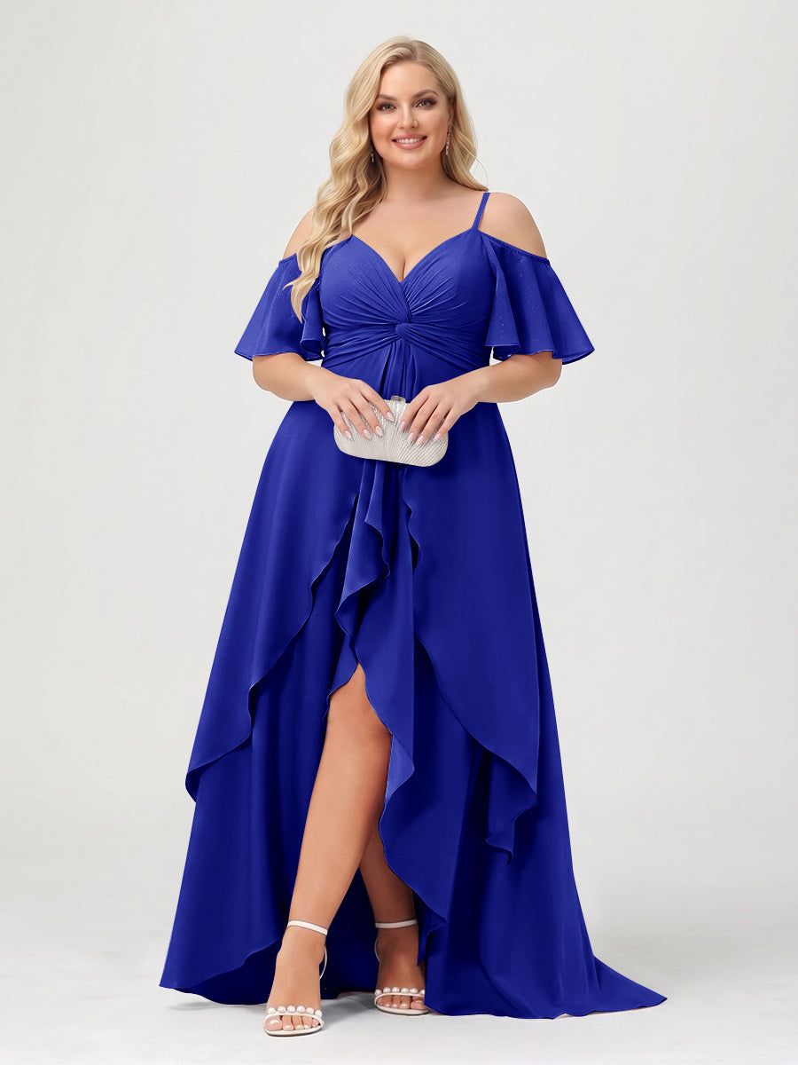 A-Line/Princess Spaghetti Straps Half Sleeves V-Neck Plus Size Bridesmaid Dresses With Ruffles Royal Blue