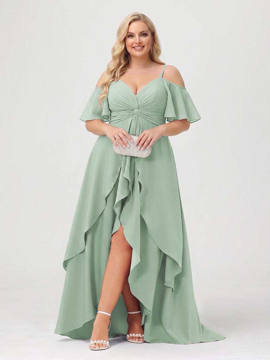 A-Line/Princess Spaghetti Straps Half Sleeves V-Neck Plus Size Bridesmaid Dresses With Ruffles Sage