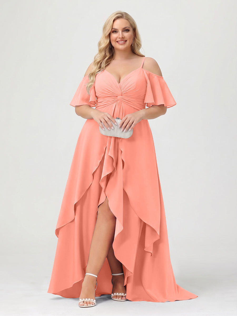 A-Line/Princess Spaghetti Straps Half Sleeves V-Neck Plus Size Bridesmaid Dresses With Ruffles Salmon