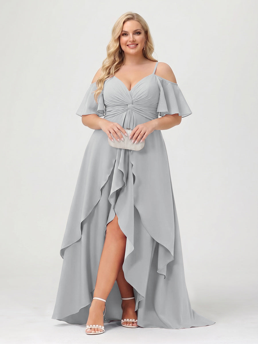 A-Line/Princess Spaghetti Straps Half Sleeves V-Neck Plus Size Bridesmaid Dresses With Ruffles Silver