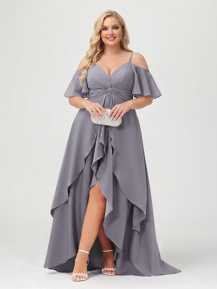 A-Line/Princess Spaghetti Straps Half Sleeves V-Neck Plus Size Bridesmaid Dresses With Ruffles Silver Gray