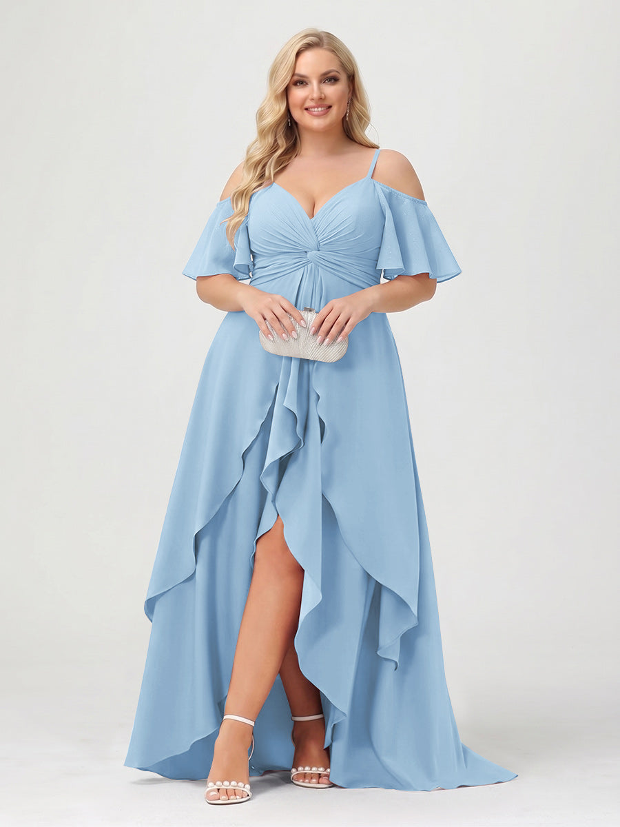 A-Line/Princess Spaghetti Straps Half Sleeves V-Neck Plus Size Bridesmaid Dresses With Ruffles Sky Blue